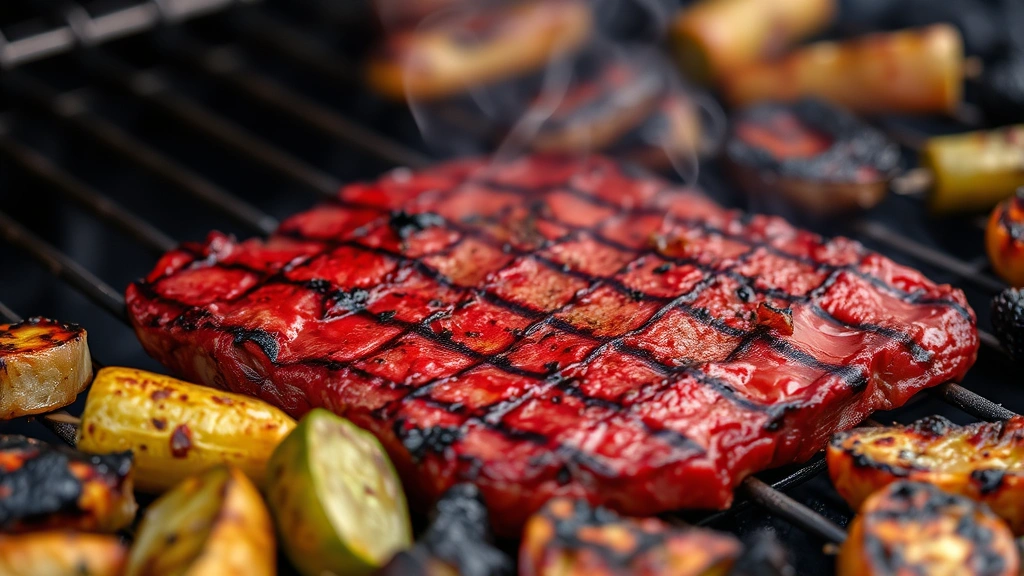 Close-up of grilled red meat showing char marks with smoke rising, surrounded by charred vegetables on a grill grate