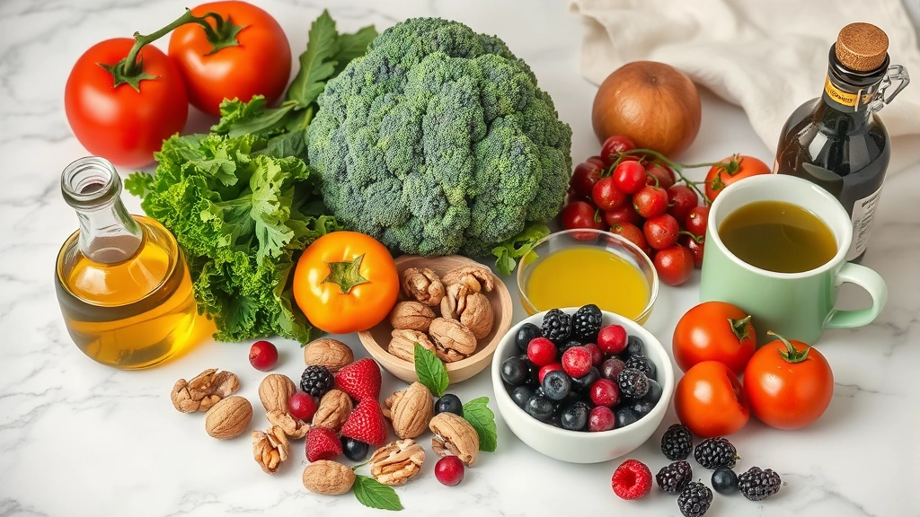 Colorful array of whole foods including tomatoes, broccoli, walnuts, berries, olive oil bottle, and green tea cup on marble countertop