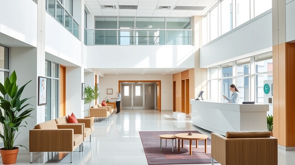 Modern hospital lobby with clean lines, bright natural lighting, comfortable seating areas, and friendly staff at reception desk assisting patients