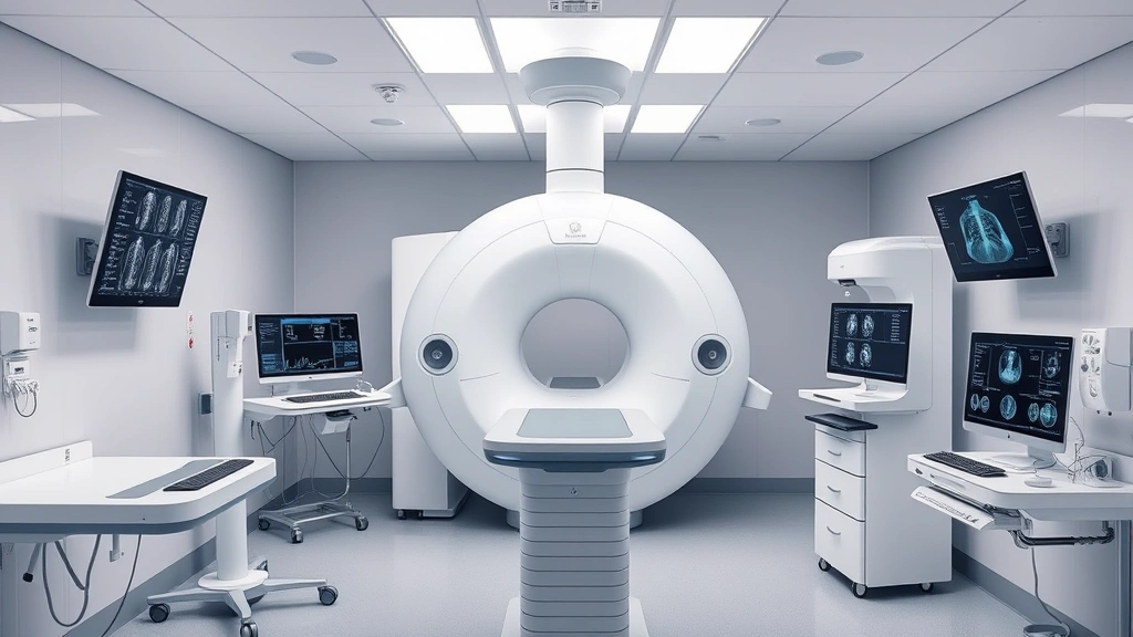 Advanced medical imaging room with cutting-edge diagnostic equipment, sterile environment, monitors displaying health data, professional medical setting