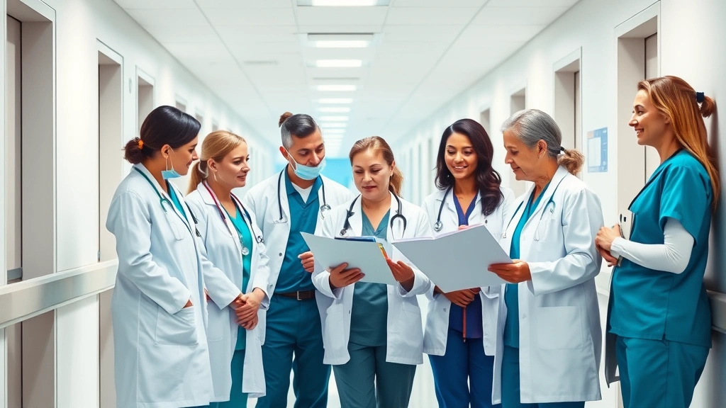 Diverse healthcare team in hospital corridor wearing scrubs and white coats, collaborating and reviewing patient charts, modern medical facility background