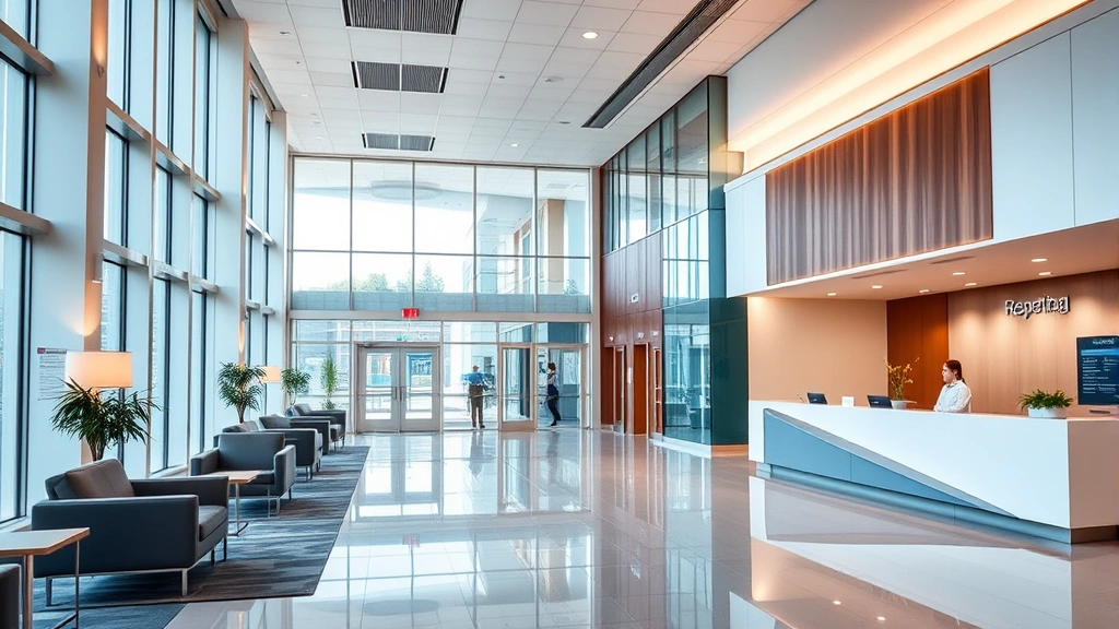 Modern hospital lobby with contemporary architecture, warm lighting, comfortable seating areas, and a welcoming reception desk with professional staff