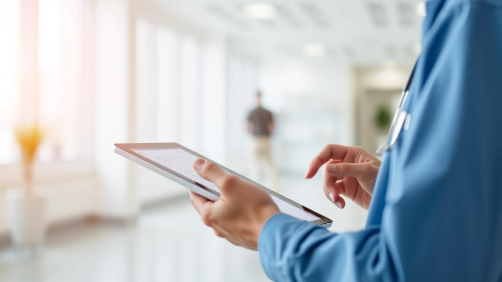 Person using tablet to access digital health records on secure portal interface, modern healthcare setting, clean technology aesthetic