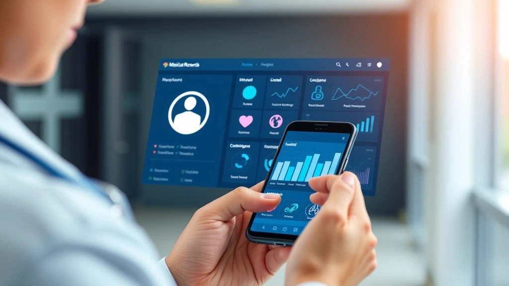 Person using smartphone to access medical records on a secure healthcare portal, showing a clean digital interface with health icons and charts, modern clinical setting background