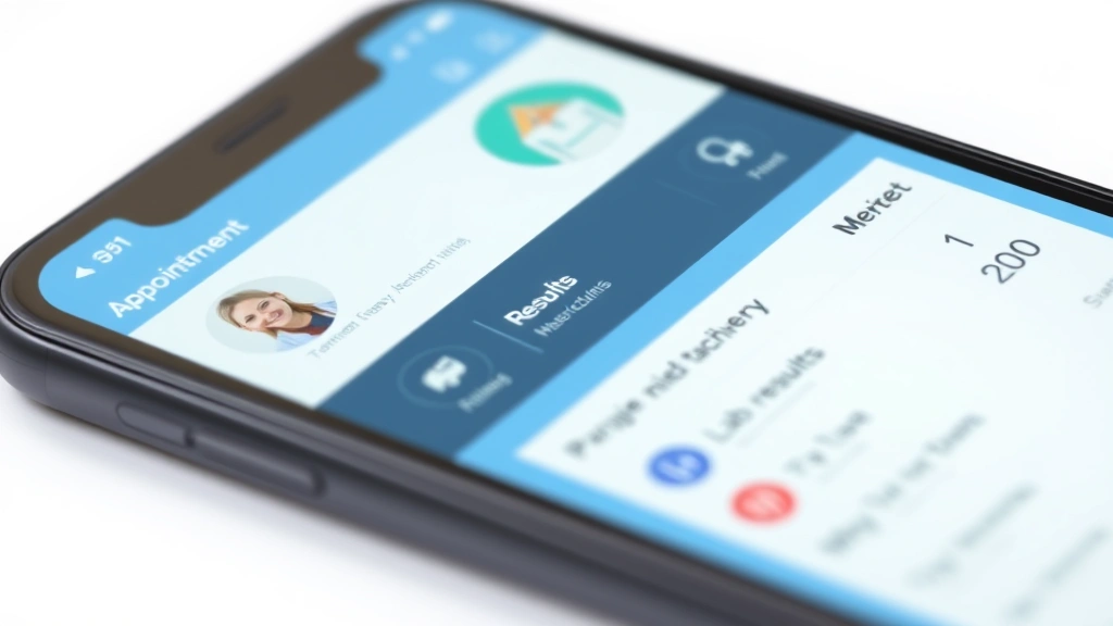 Smartphone displaying patient dashboard with appointment calendar, lab results, and medication list, close-up view of mobile health app