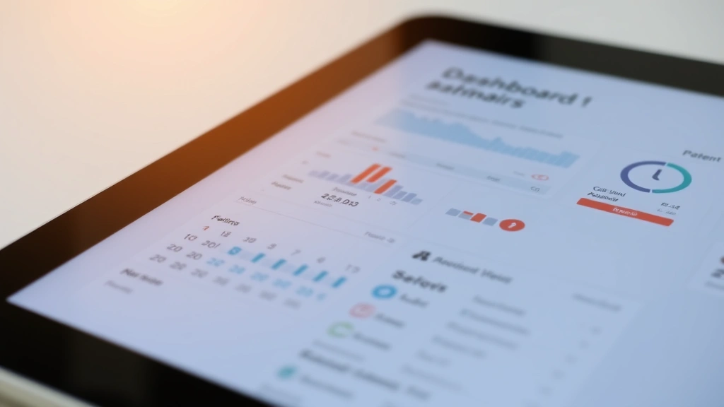 Close-up of a tablet displaying patient medical information dashboard with lab results, appointment calendar, and prescription details, minimalist healthcare design