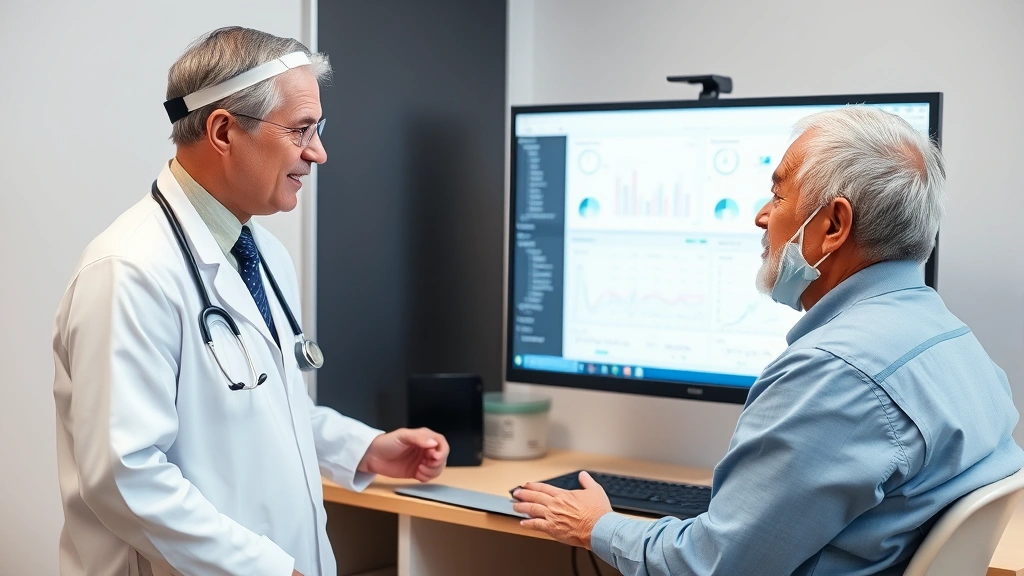Healthcare professional and patient discussing test results on a computer screen showing medical charts and graphs, warm clinical environment with professional atmosphere