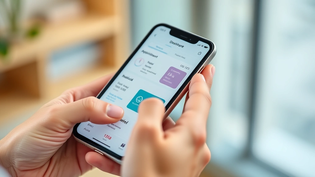 Photorealistic close-up of a person's hands holding a smartphone displaying a healthcare portal dashboard with appointment calendar and medical information