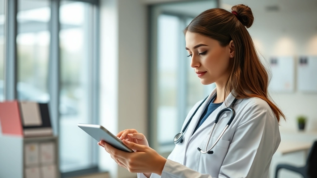 Healthcare professional using tablet reviewing patient records in modern medical office with soft natural lighting