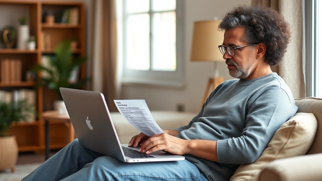 Photorealistic image of a diverse patient sitting at home reviewing lab results on a laptop computer with a cup of tea nearby
