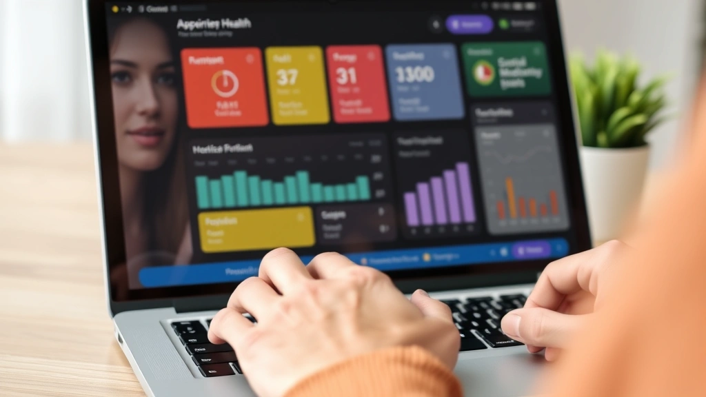 Close-up of hands typing on laptop displaying colorful health dashboard with appointment calendar and medication charts