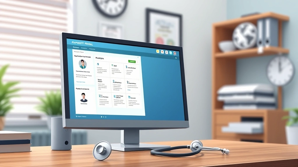 Photorealistic illustration of a healthcare provider's office with a computer screen showing a patient portal interface, stethoscope visible on desk