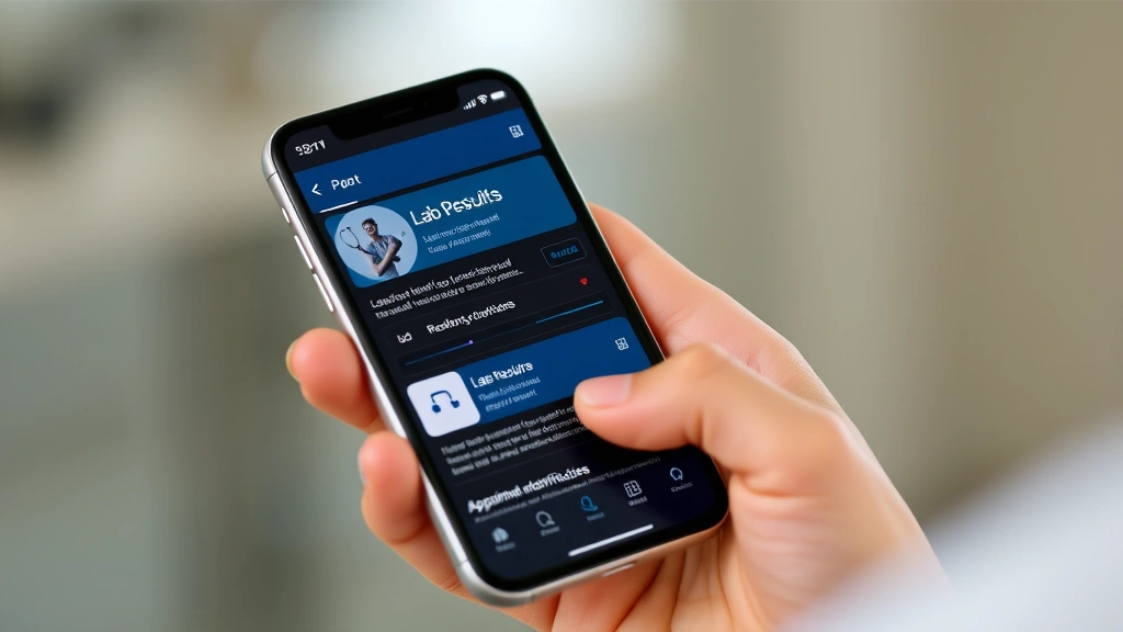 Person holding smartphone displaying medical records interface with lab results and appointment notifications on screen