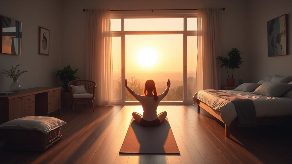 Peaceful morning scene with sunrise, person meditating peacefully on yoga mat in serene bedroom environment