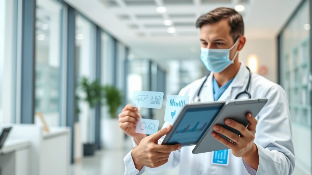 Healthcare professional reviewing digital health records on tablet with secure data visualization, modern medical office background