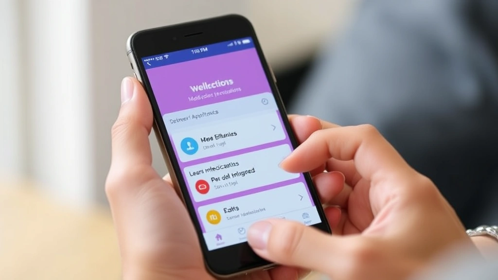 Person using smartphone app to manage medications and appointments, bright wellness-focused interface visible on screen