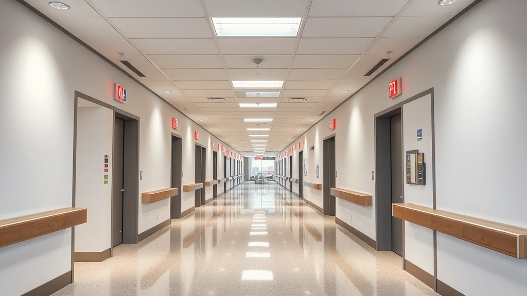 Modern hospital corridor with clean, bright lighting and welcoming atmosphere, contemporary medical facility interior design