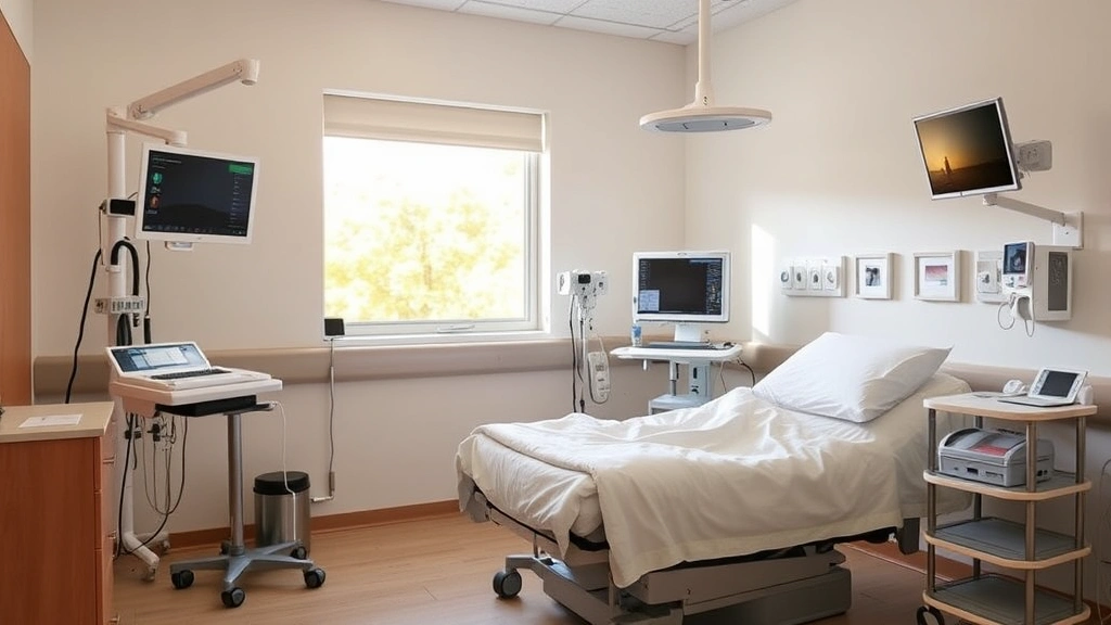 Comfortable patient recovery room with adjustable bed, natural window light, modern medical monitoring equipment, peaceful healing environment
