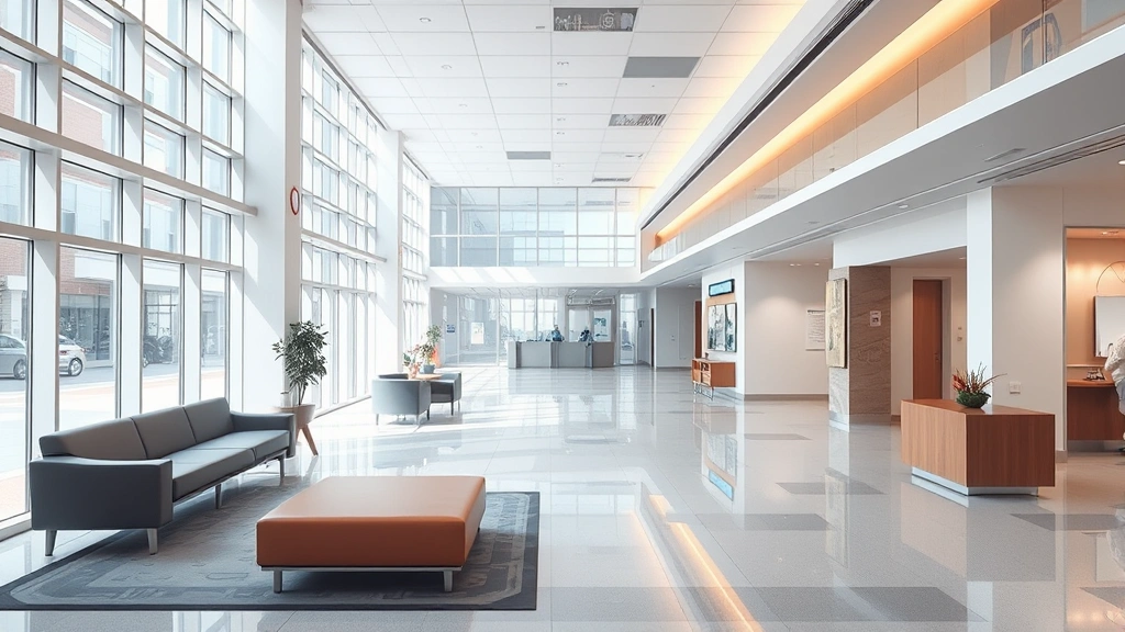 Modern hospital lobby with clean architecture, bright lighting, comfortable seating areas, and welcoming atmosphere, photorealistic style
