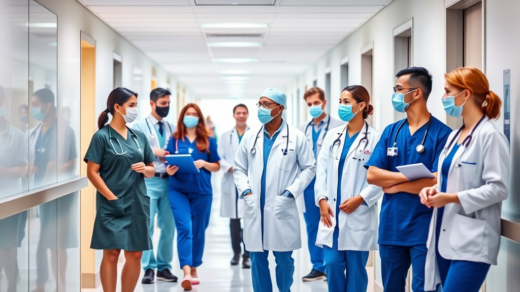 Diverse healthcare professionals in modern hospital corridor, doctors and nurses collaborating, contemporary medical facility background