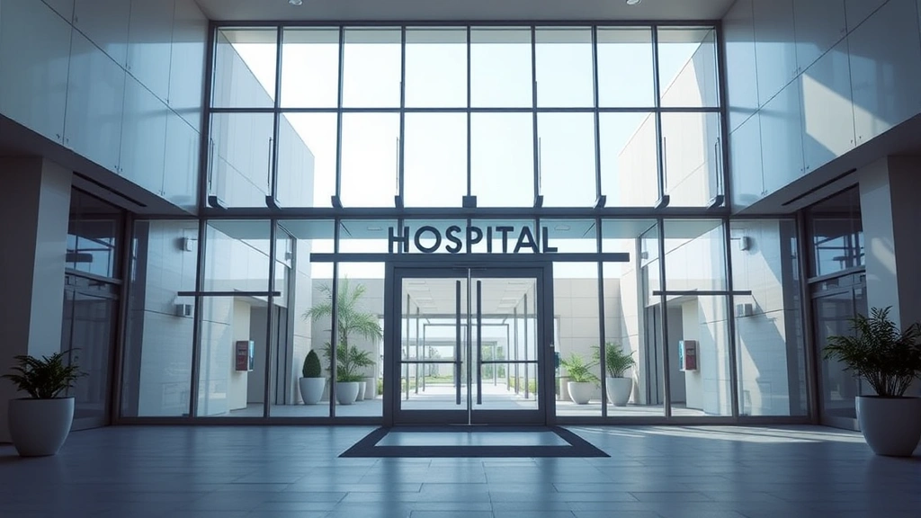 Modern hospital entrance with glass doors and contemporary architecture, bright natural lighting, clean minimalist design, no visible text or signage