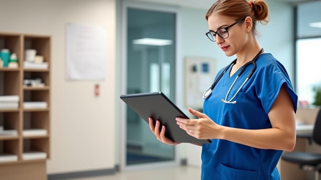 Medical professional in scrubs reviewing patient charts on digital tablet in clinical office setting, focused professional environment, healthcare workspace