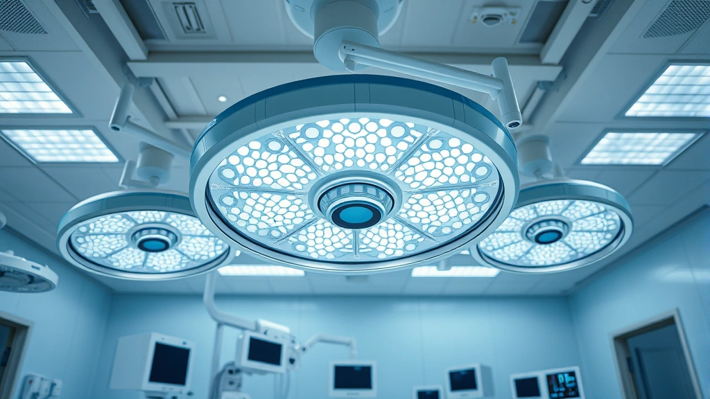 State-of-the-art operating room with surgical lights overhead, modern medical equipment visible, sterile environment, professional healthcare setting