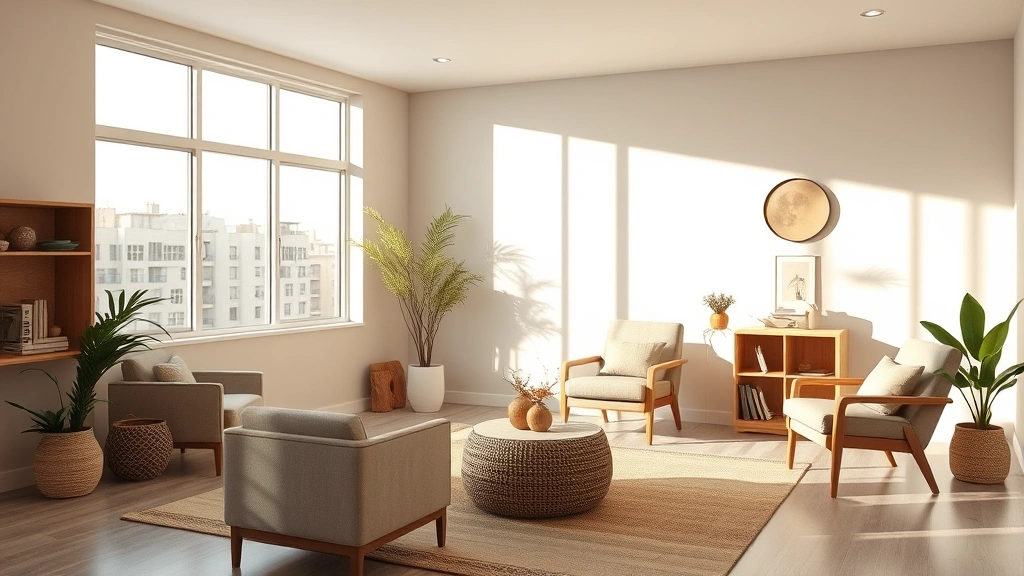 Serene therapy office interior with comfortable seating, soft natural lighting through large windows, calming earth-tone colors, minimal decorations creating peaceful atmosphere