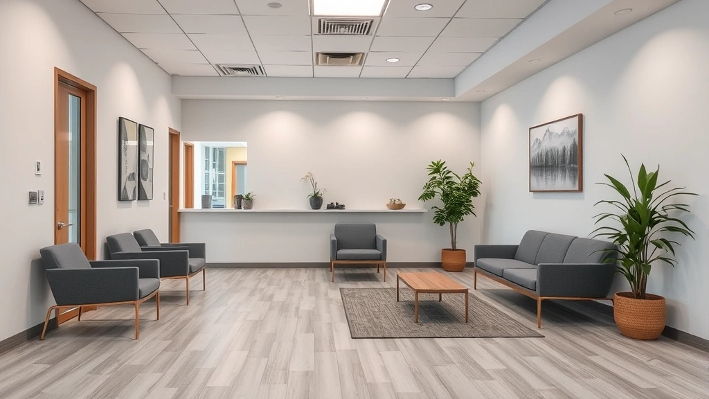 Modern behavioral health clinic interior with comfortable seating, soft lighting, and welcoming atmosphere, no people visible