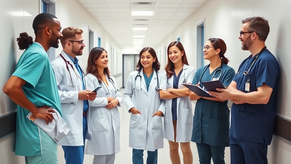 Diverse group of healthcare professionals in medical attire having collaborative discussion in modern clinic hallway, appearing engaged and supportive