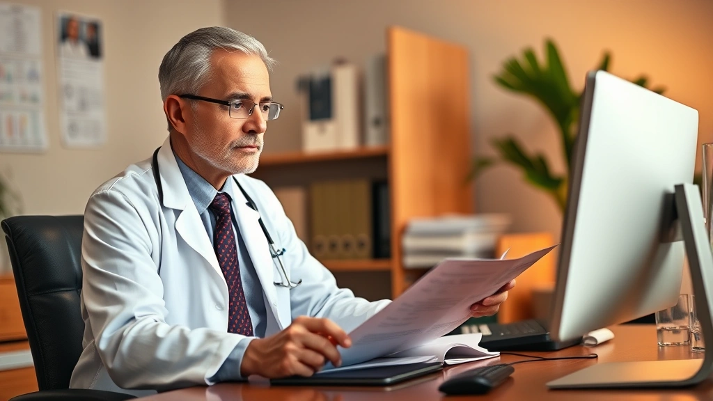 Professional psychiatrist in white coat reviewing patient charts at desk with computer, warm clinical setting, focused expression