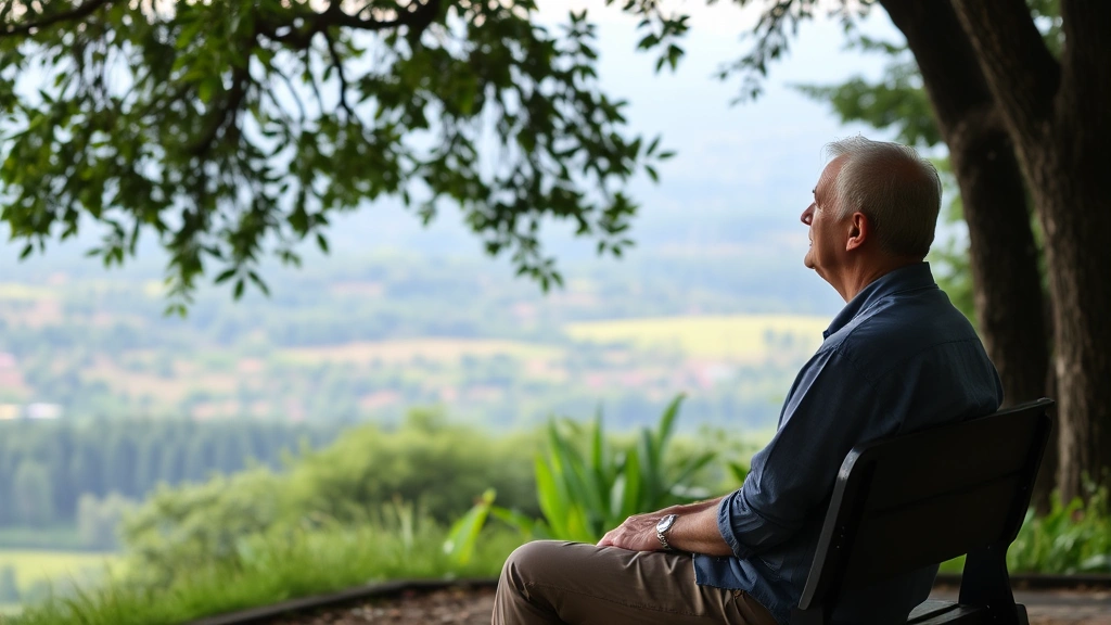 Person sitting peacefully on outdoor bench overlooking natural landscape, appearing calm and reflective, surrounded by lush greenery and soft natural light