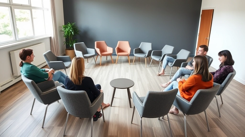 Diverse therapy group session circle with comfortable chairs in peaceful room with natural light, no people, empty setting