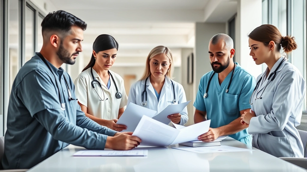 Professional healthcare workers in modern medical facility reviewing documents at conference table, serious focused expressions, bright natural lighting from windows