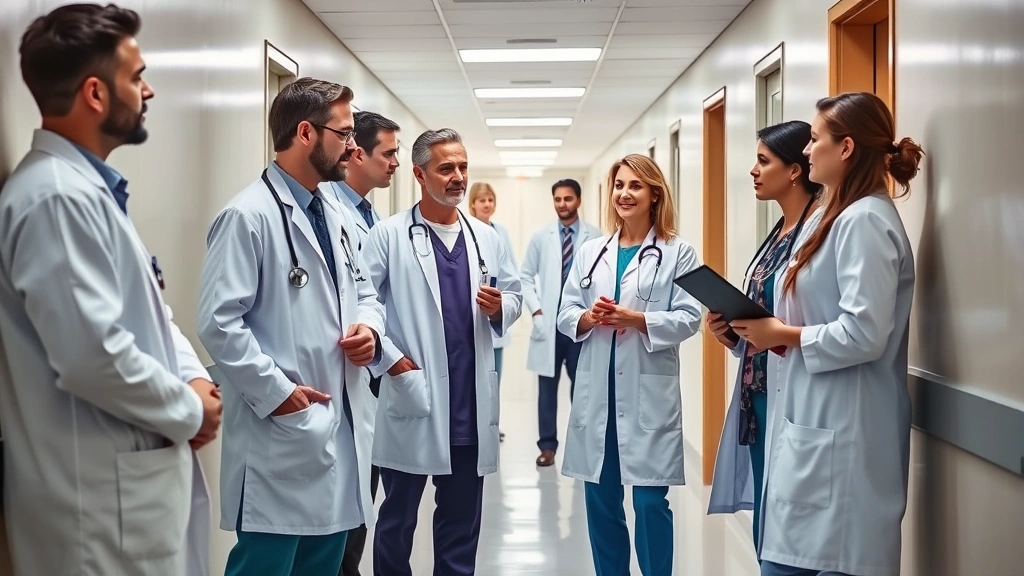 Diverse group of medical professionals including doctors, nurses, and researchers in lab coats having discussion in hospital corridor, collaborative atmosphere