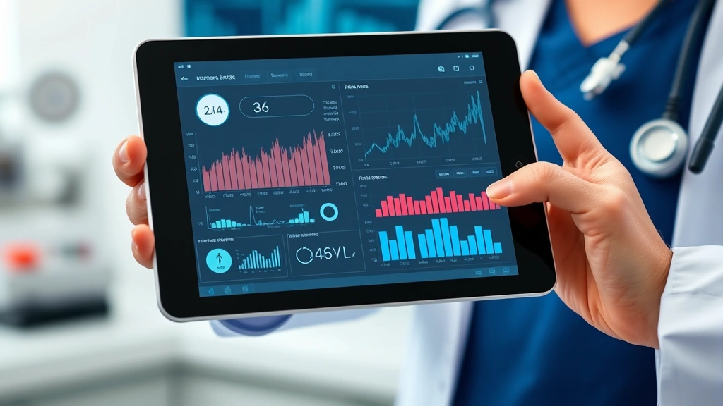 Close-up of hands holding digital tablet displaying health data charts and graphs in clinical setting, modern medical technology interface visible