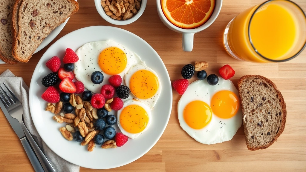 Healthy breakfast spread with eggs, berries, nuts, whole grain toast, and fresh orange juice on wooden table