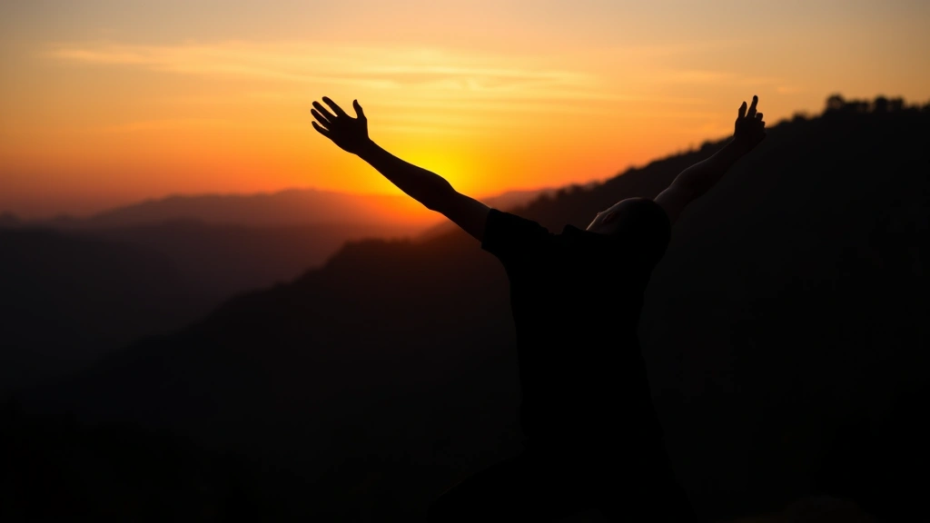 Silhouette of person stretching during sunrise with mountains and natural landscape in background