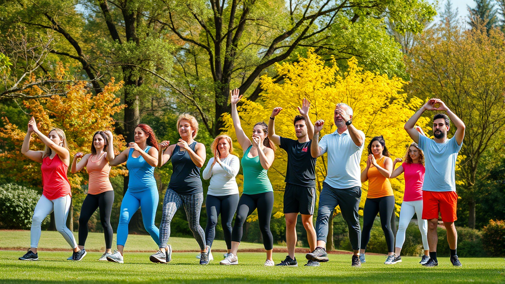 Diverse group of people exercising outdoors in a park setting with vibrant nature background, no text no words no letters