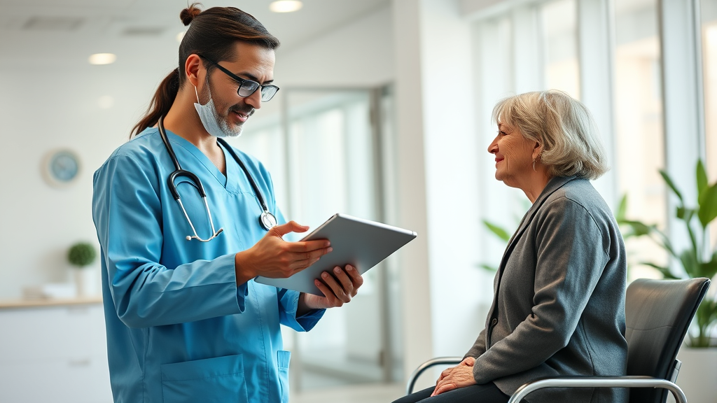 Modern healthcare professional consulting with patient using digital tablet technology in bright medical office, no text no words no letters