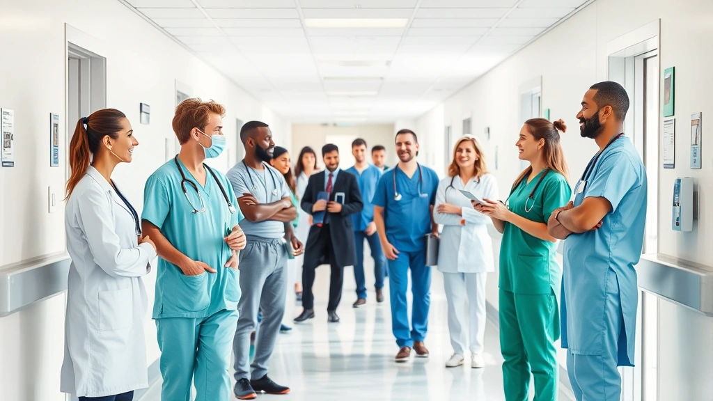 Modern diverse healthcare professionals collaborating in a bright, contemporary hospital corridor with natural lighting and medical equipment visible in background