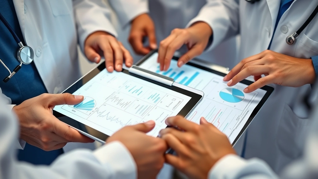 Close-up of medical professionals' hands working together over patient charts and digital tablets in a clinical setting, focused and engaged