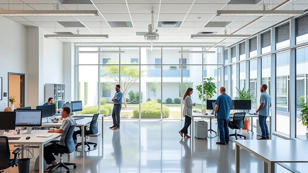 Spacious, modern healthcare facility with open office space where administrators and staff work at standing desks with large windows overlooking a courtyard garden