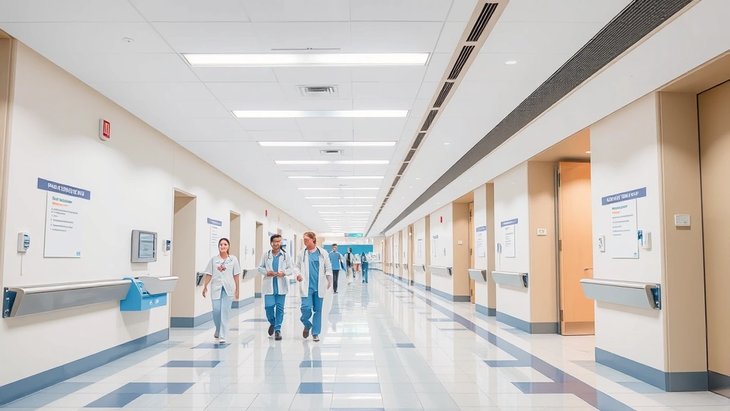 Modern hospital corridor with clean, bright lighting, contemporary architecture, medical staff walking professionally, neutral color palette with blue accents, no people faces visible, professional healthcare environment