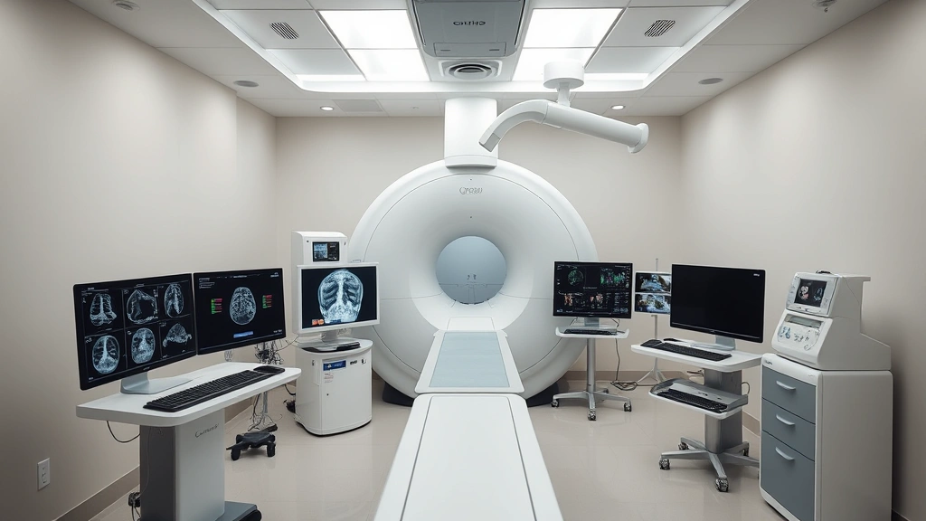 State-of-the-art diagnostic imaging room with advanced medical equipment, sleek control panels, modern monitors displaying scans, clinical setting with soft lighting, no text or numbers visible on screens