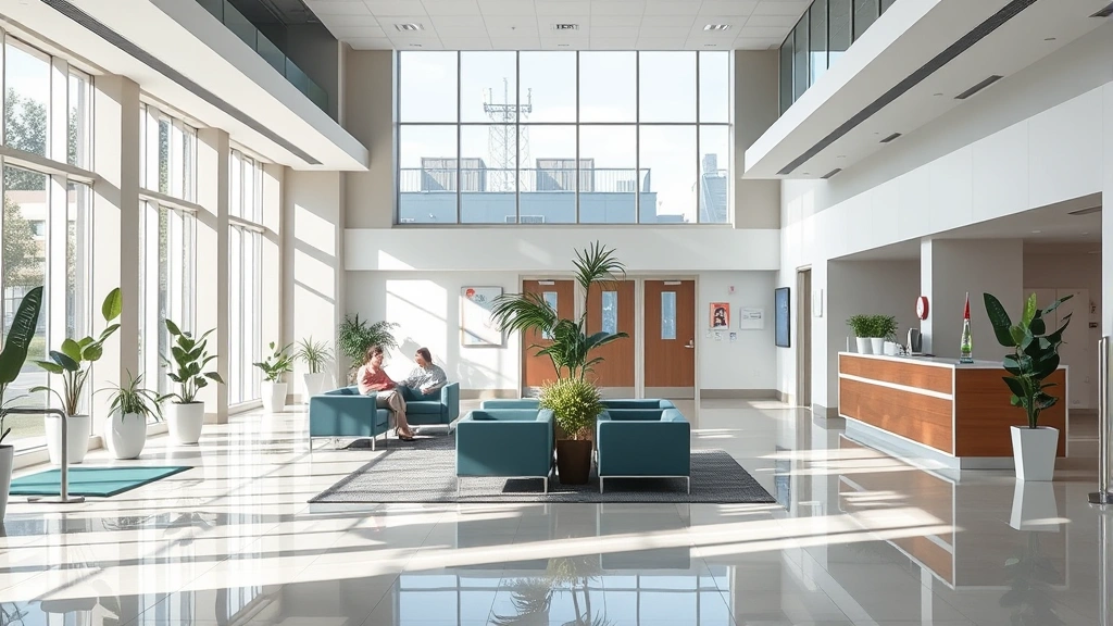 Welcoming hospital lobby with comfortable seating areas, natural light from large windows, plants and modern furnishings, clean polished floors, reception desk area, peaceful healthcare environment