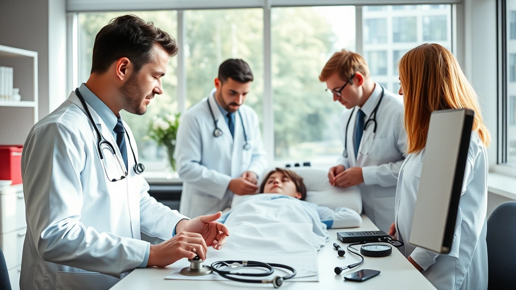 Healthcare professionals in modern clinical setting collaborating around patient care, natural lighting through windows, stethoscopes and medical equipment visible on desk