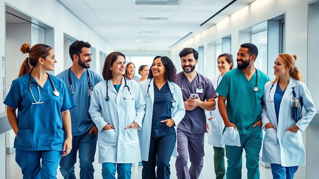 Diverse team of medical professionals in hospital corridor wearing scrubs and white coats, walking together discussing patient care, modern hospital architecture in background