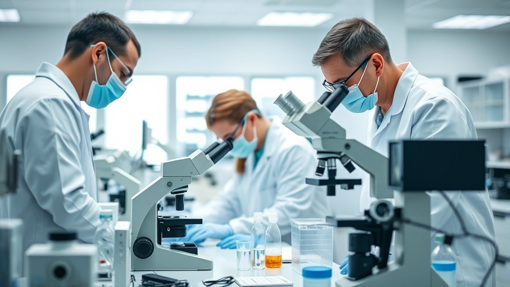 Medical researchers in laboratory working with microscopes and equipment, focused on samples, clean modern laboratory environment with soft professional lighting