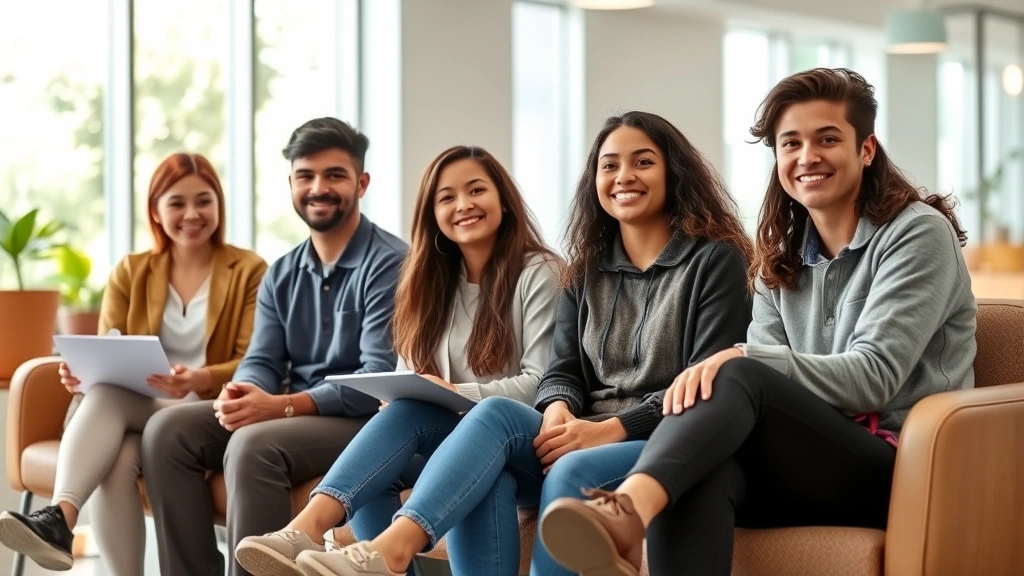 Diverse college students in a modern medical clinic waiting room, bright natural lighting, comfortable seating, welcoming atmosphere, no text or signage visible